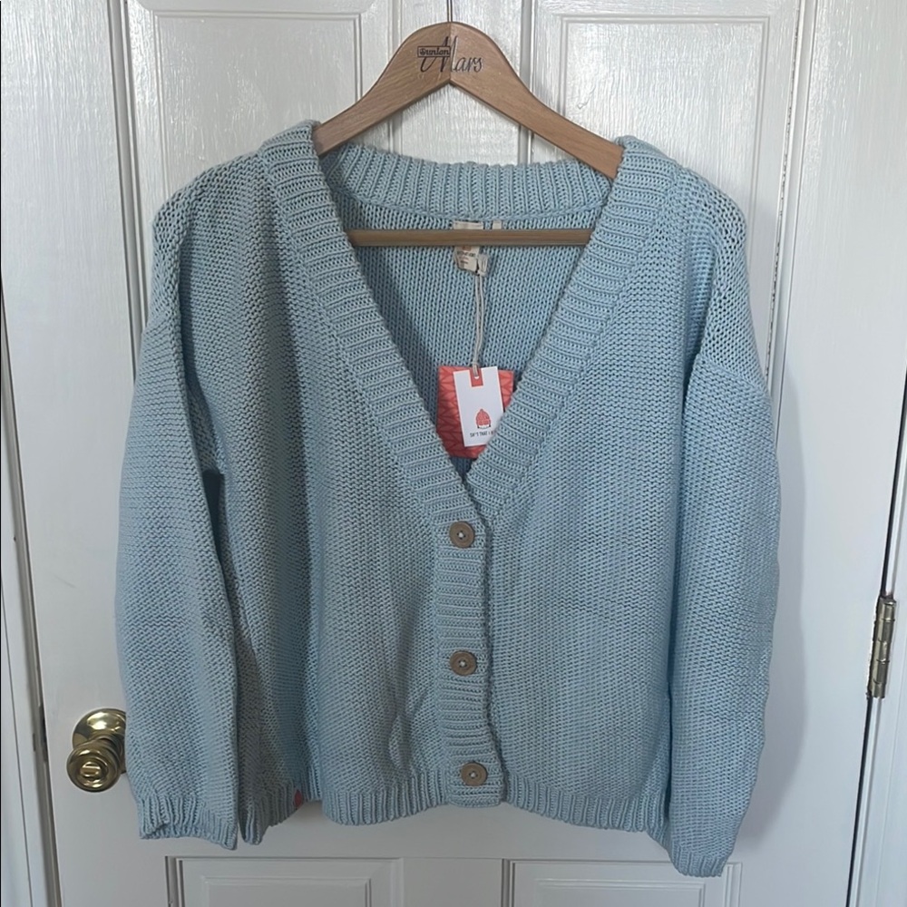 NWT Blue Hand Knit Cardigan Sweater with V-Neck